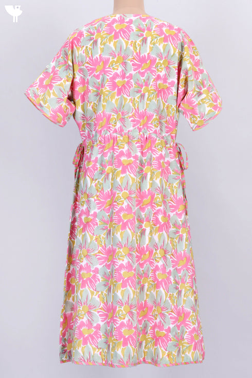 Cambric Cotton Drawstring Midi Dress With Floral Block Print